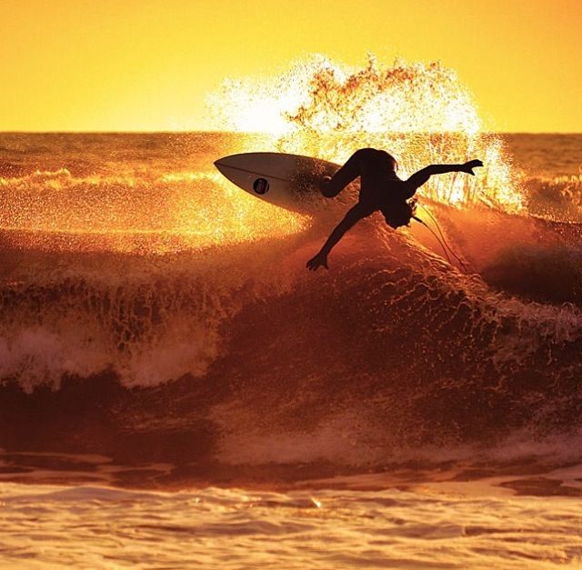 Surfer carrying a board into a golden coastal sunset